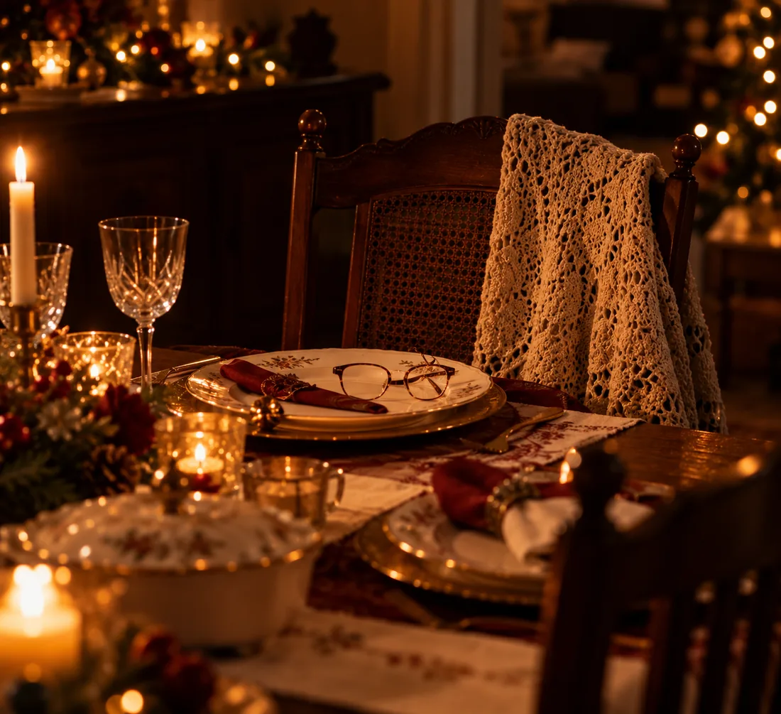 Mesa de ceia de Natal com uma cadeira vazia