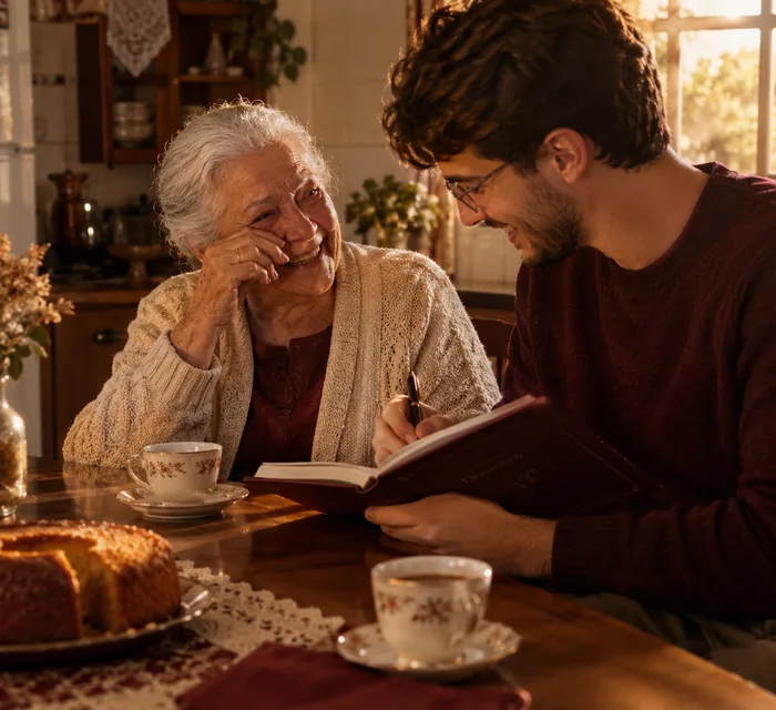 Avó e neto rindo à mesa com o livro de memórias