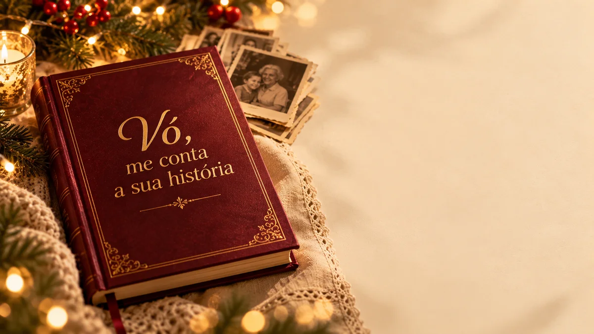 Livro Vó, me conta a sua história sobre uma toalha de crochê, com fotos antigas e luzes de Natal