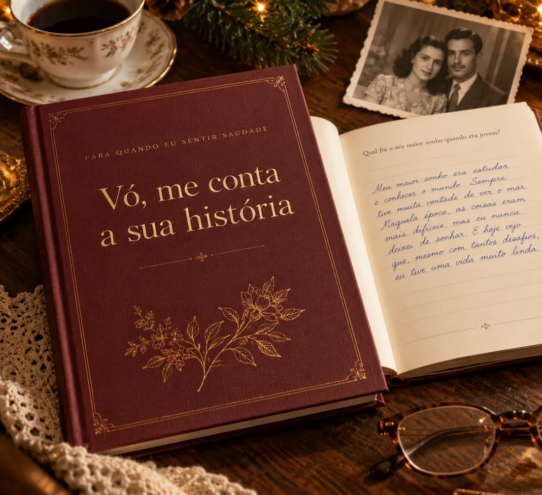 Livro de memórias Vó, me conta a sua história, aberto sobre a mesa de Natal