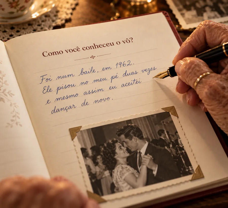 Avó escrevendo à mão no livro: Como você conheceu o vô?